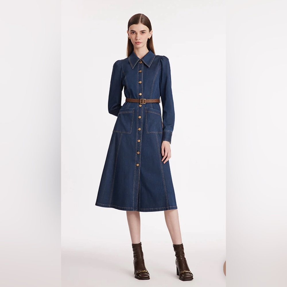 Single-Breasted Lapel Women Midi Denim Dress With Belt, size S